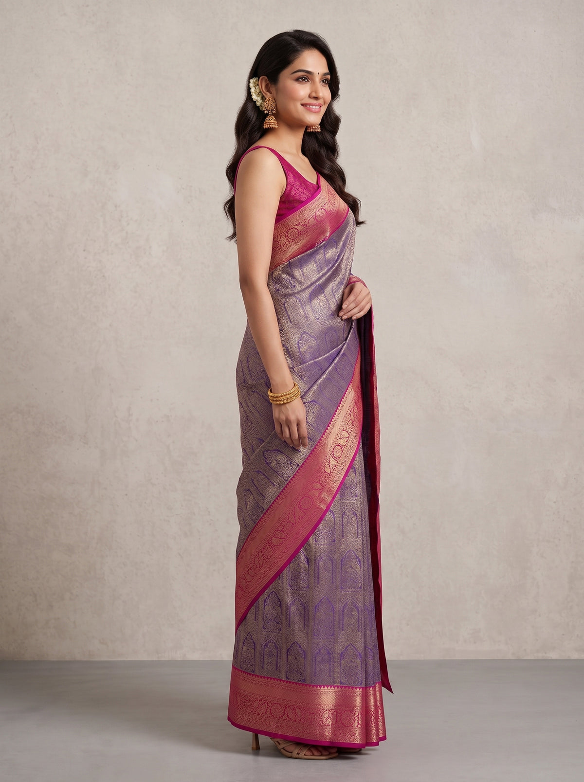 MIMOSA Violet Kanjivaram Saree — pose 3 styling detail