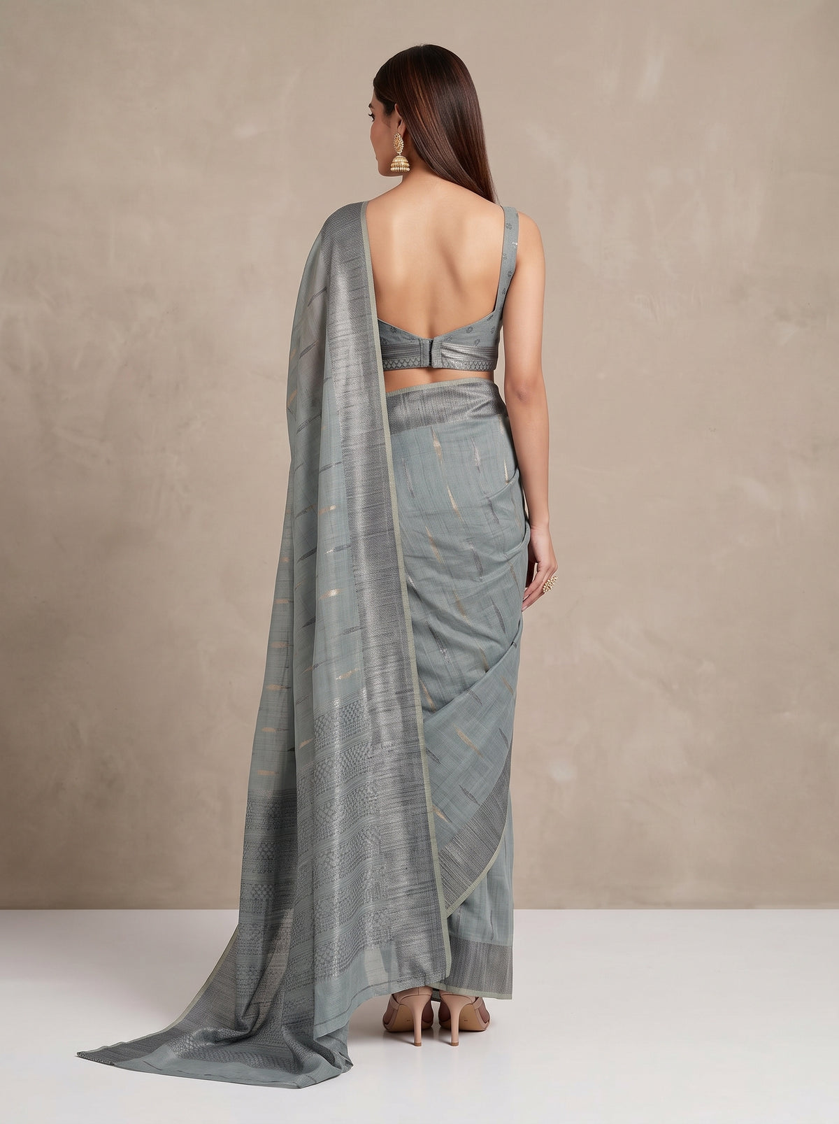 MIMOSA Grey Banarasi Saree — pose 2 styling detail