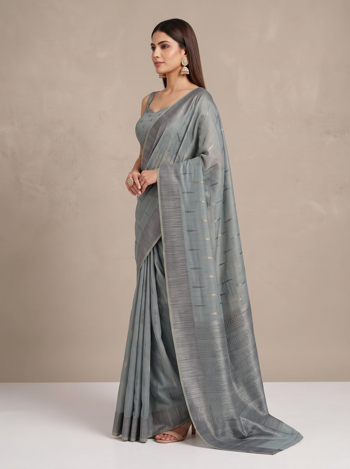 MIMOSA Grey Banarasi Saree — pose 3 styling detail