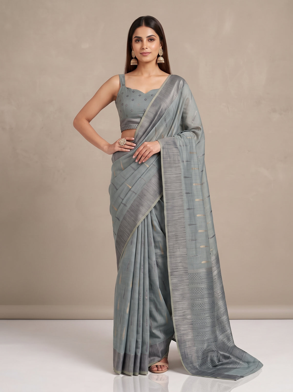 MIMOSA Grey Banarasi Saree — pose 4 styling detail