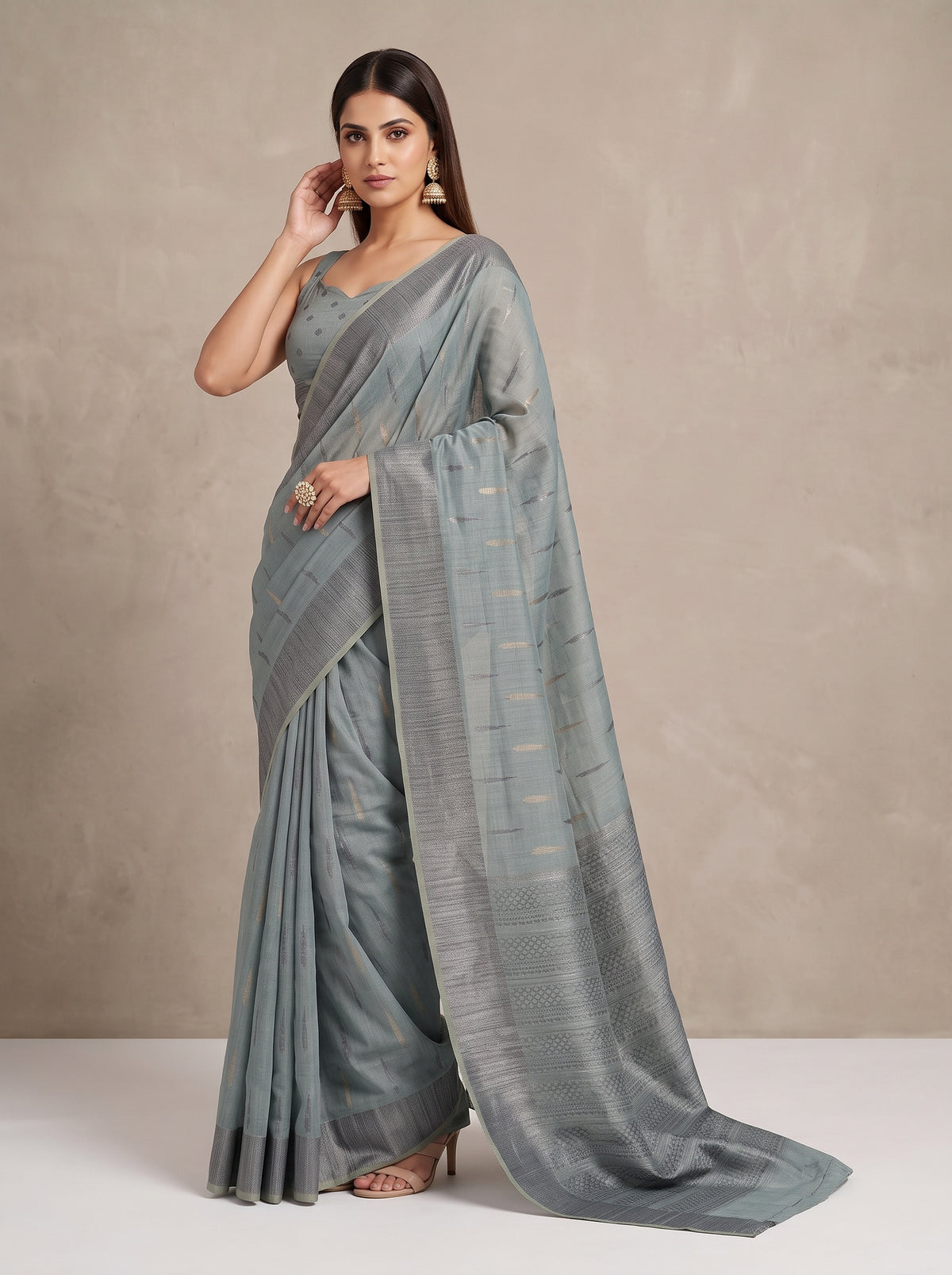MIMOSA Grey Banarasi Saree — pose 5 styling detail