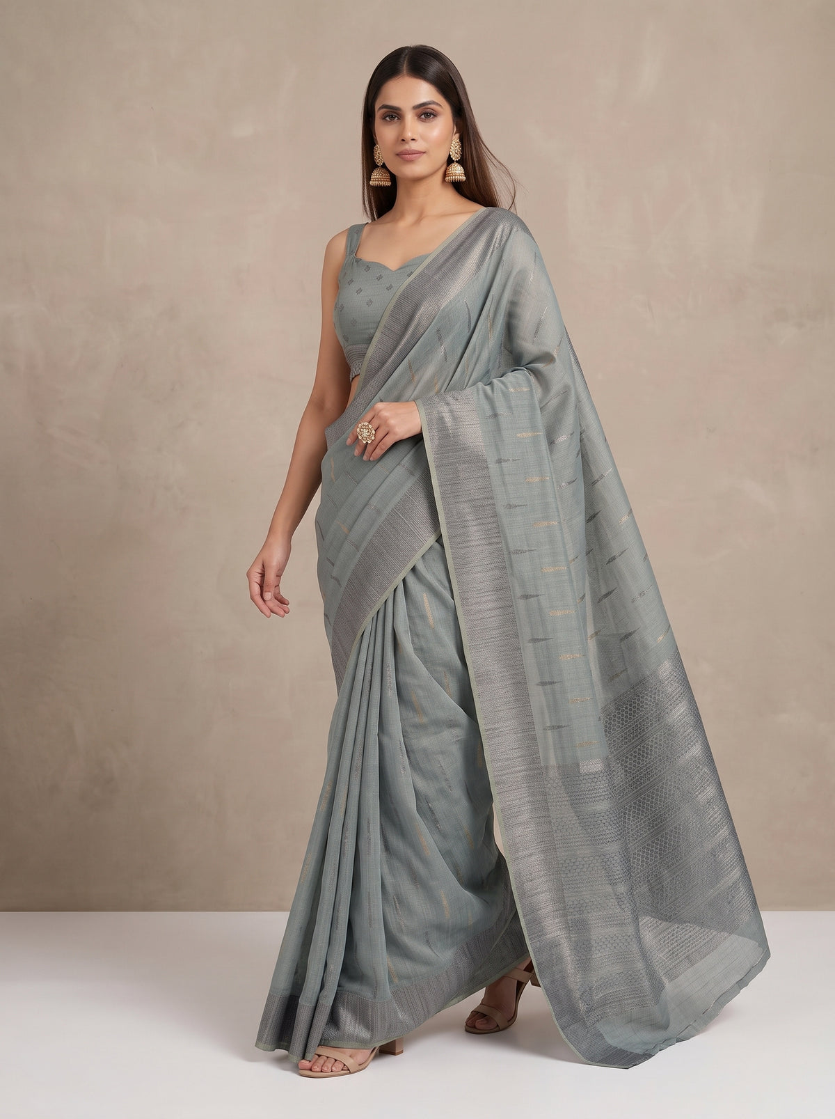 MIMOSA Grey Banarasi Saree — pose 6 styling detail