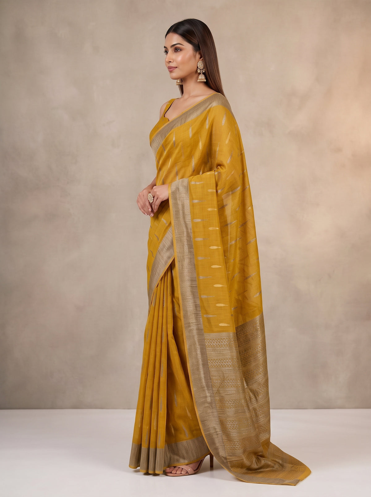 MIMOSA Mustard Banarasi Saree — pose 3 styling detail