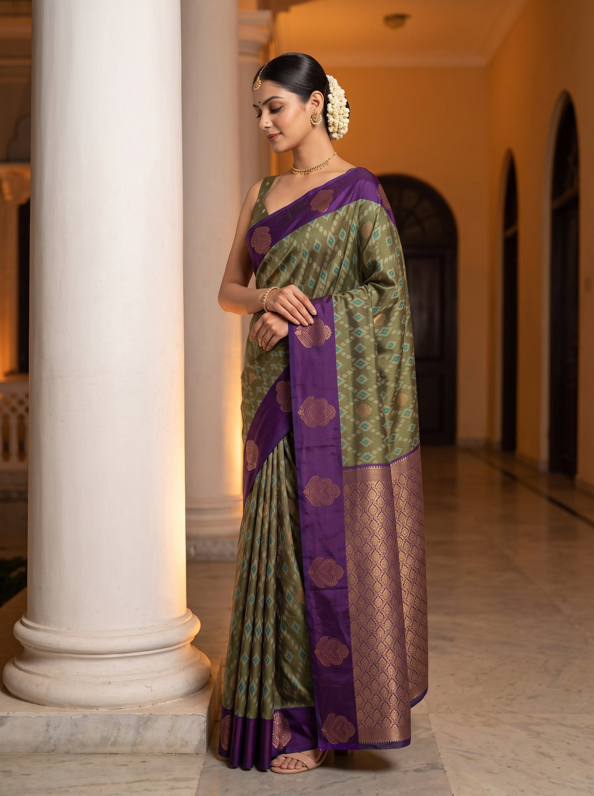MIMOSA Green Pochampally Saree — pose 3 styling detail