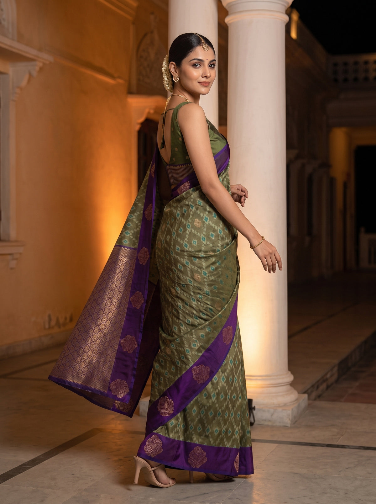 MIMOSA Green Pochampally Saree — pose 9 styling detail