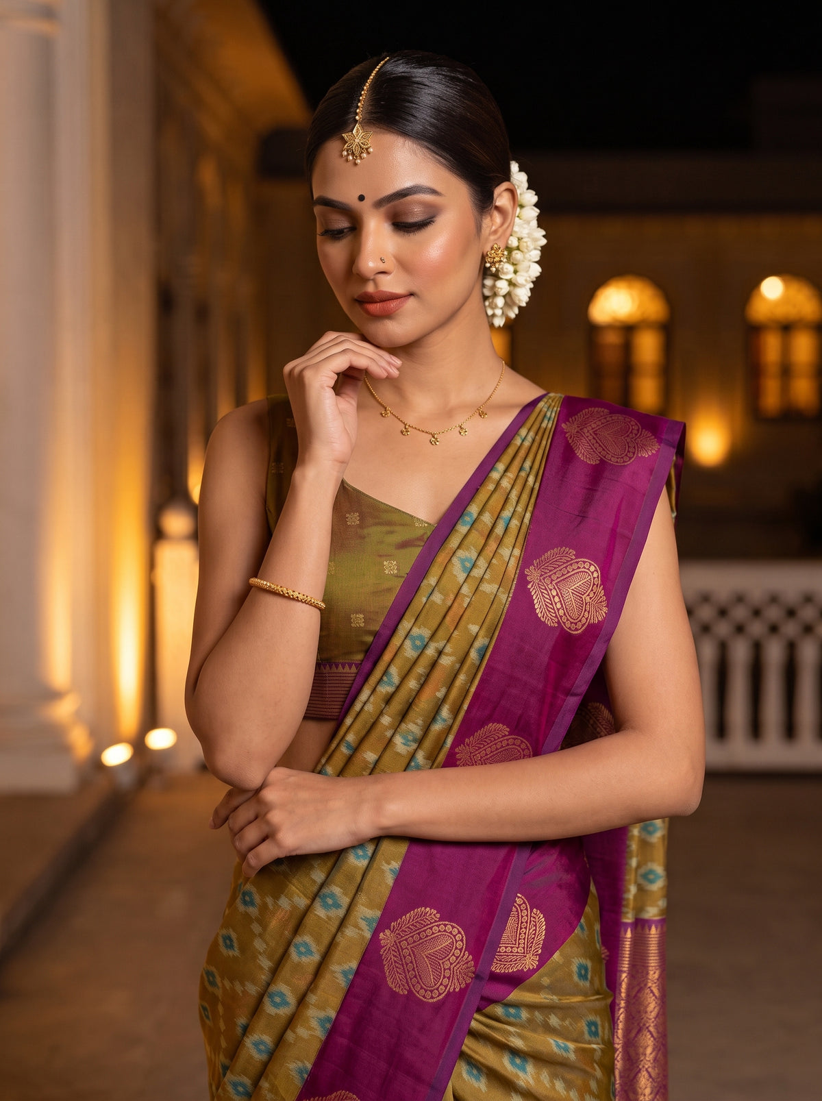 MIMOSA Mustard Pochampally Saree — pose 10 styling detail
