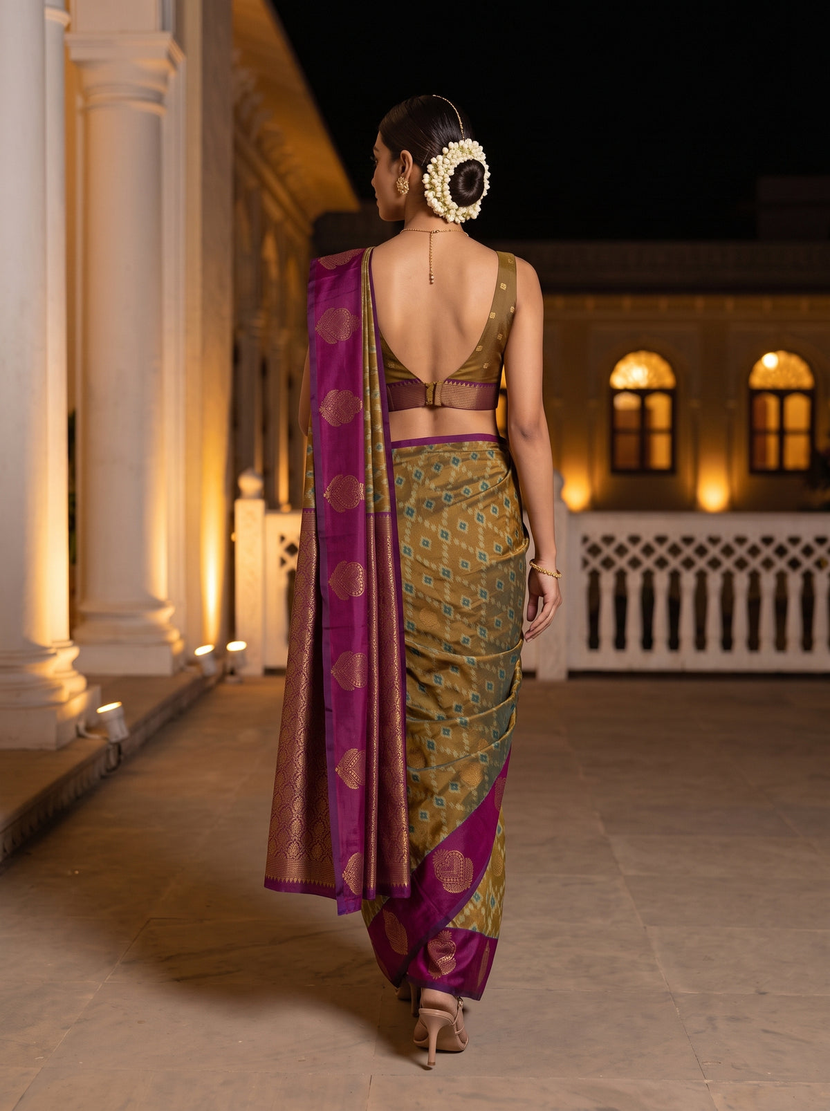 MIMOSA Mustard Pochampally Saree — pose 2 styling detail