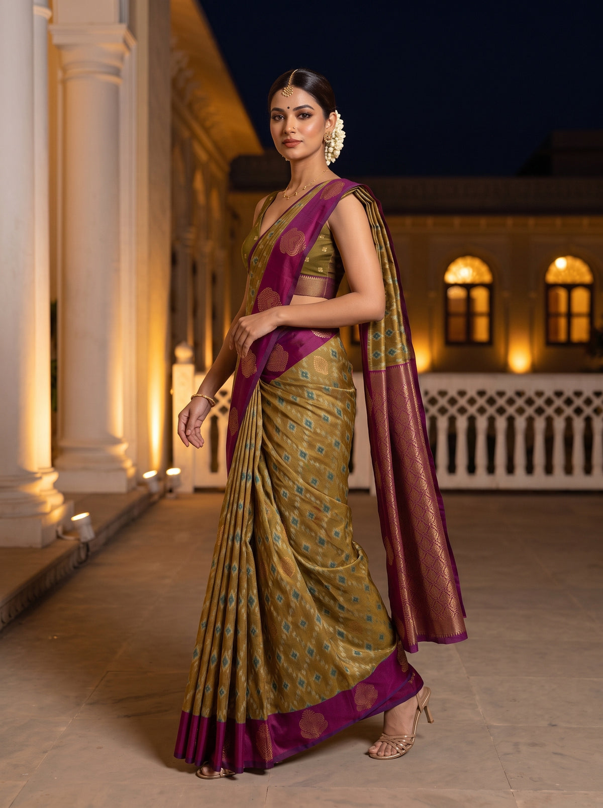 MIMOSA Mustard Pochampally Saree — pose 6 styling detail