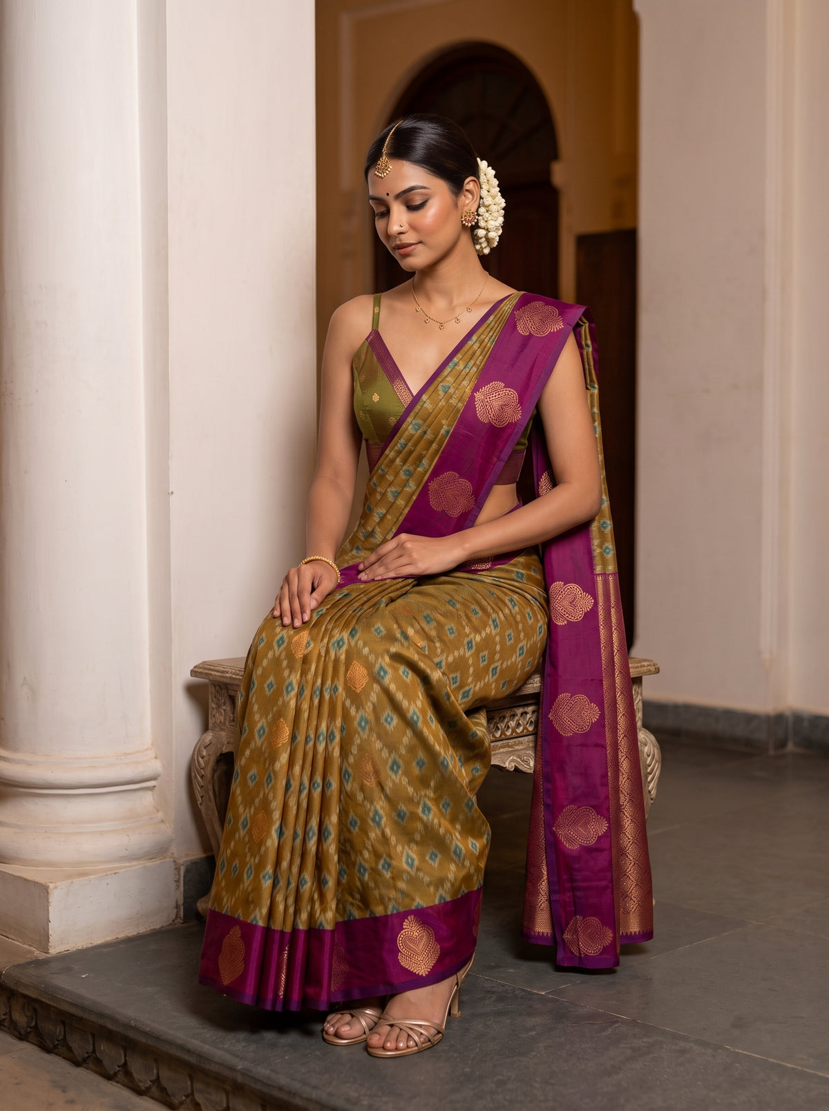 MIMOSA Mustard Pochampally Saree — pose 8 styling detail