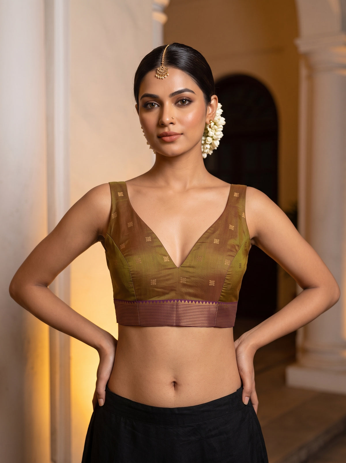 MIMOSA Mustard Pochampally Saree — blouse close-up