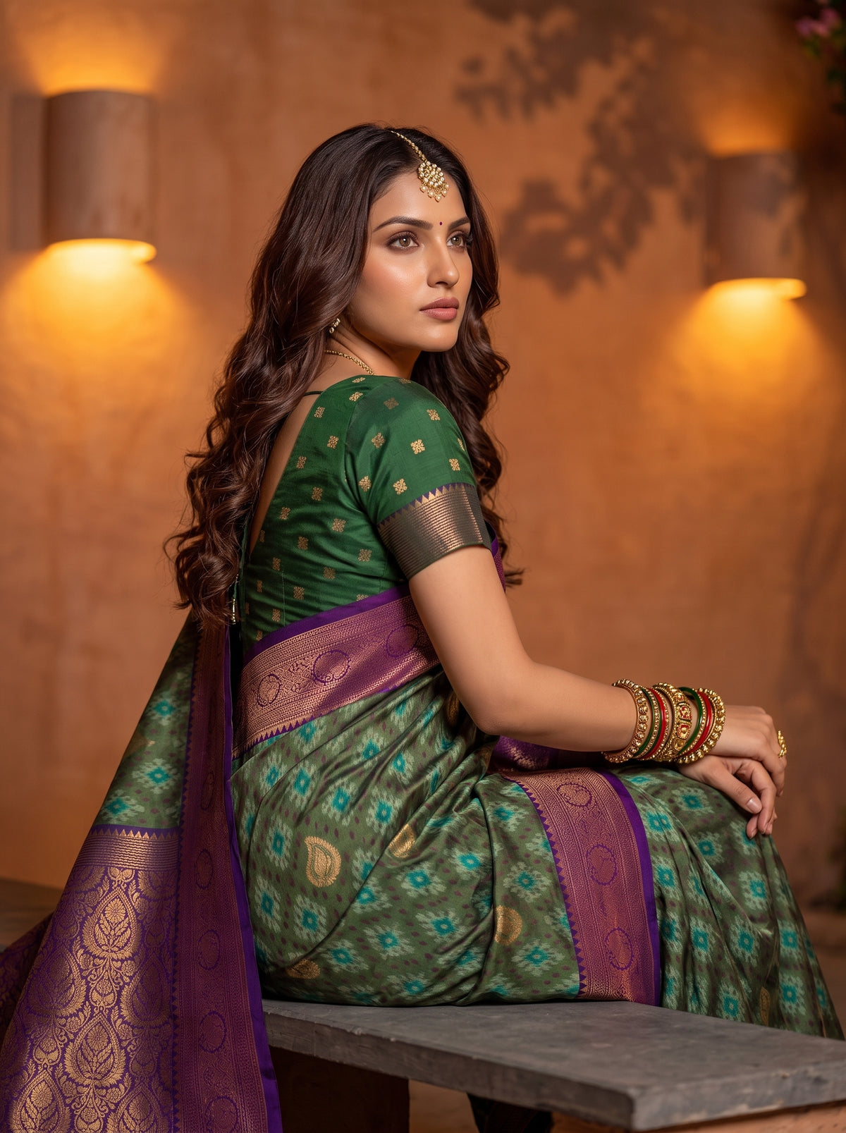 MIMOSA Green Pochampally Saree — pose 10 styling detail