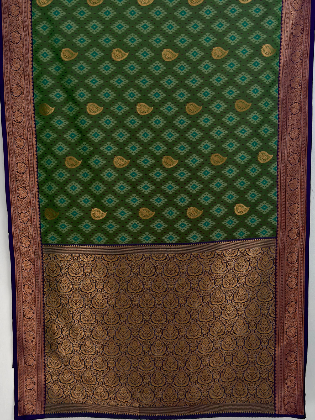 MIMOSA Green Pochampally Saree — pallu and zari work detail