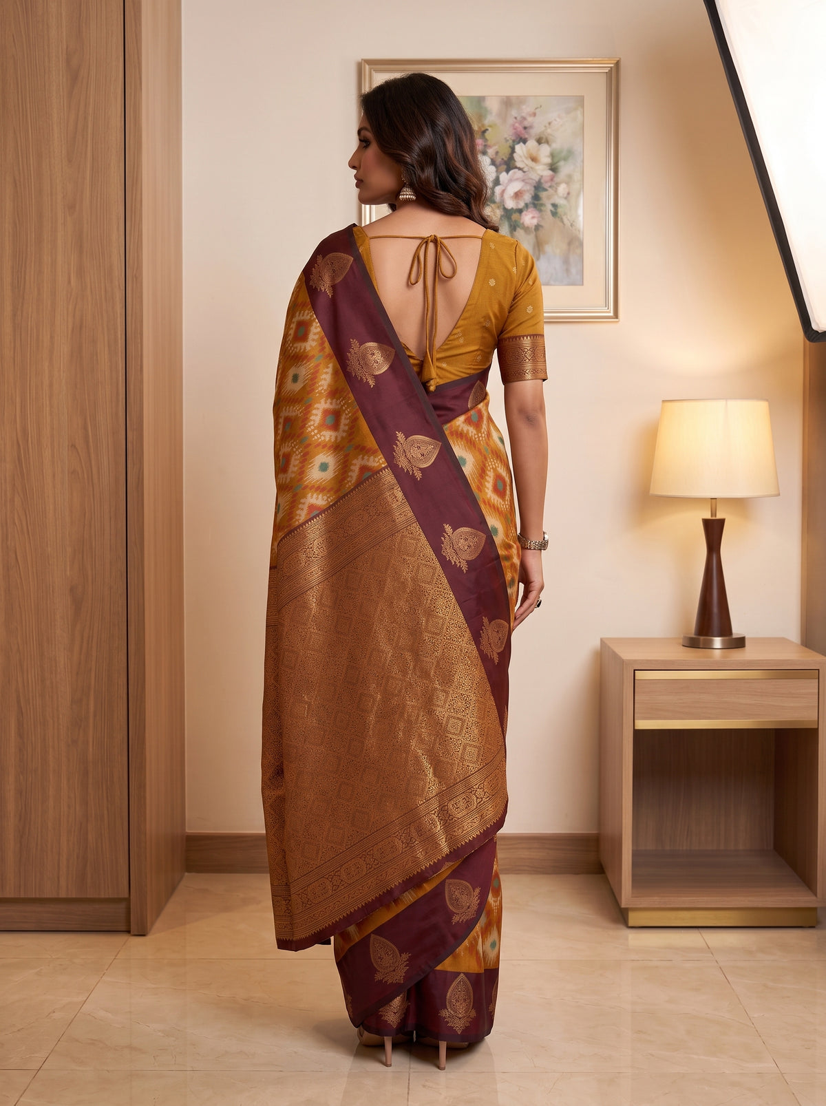 MIMOSA Mustard Pochampally Saree — pose 2 styling detail