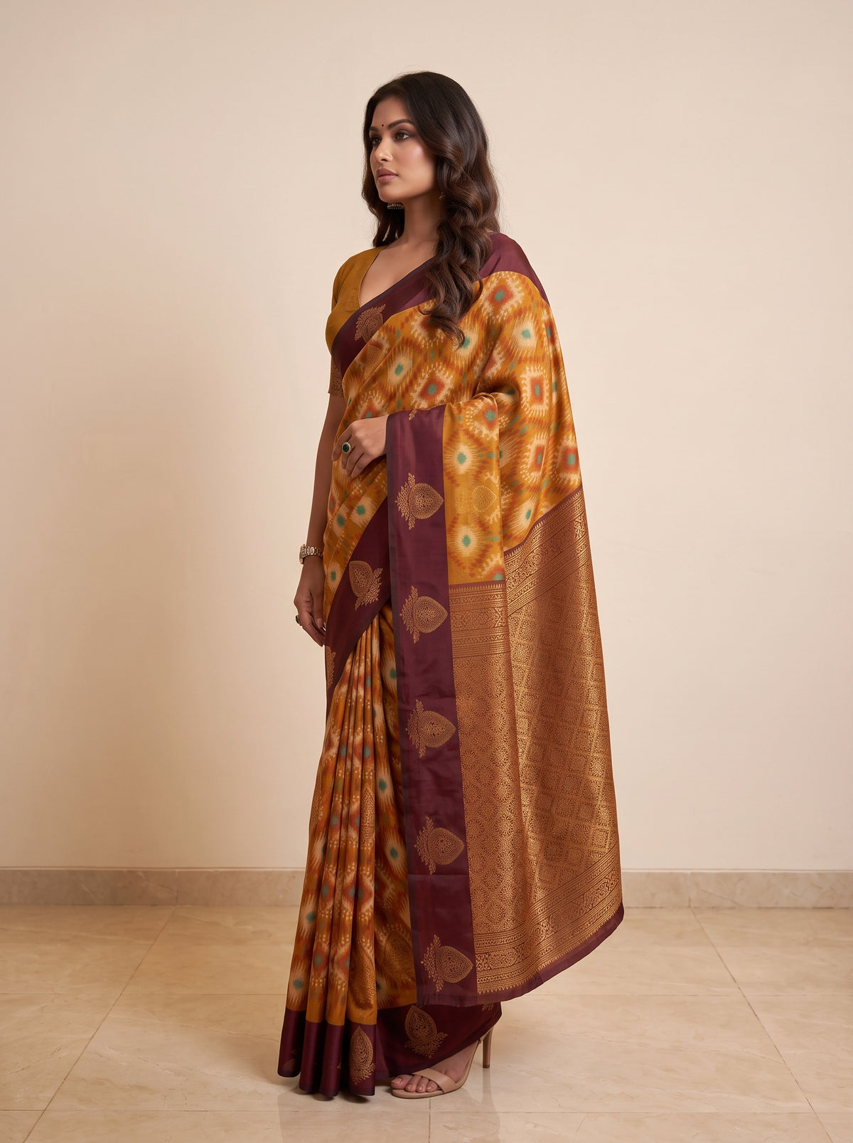 MIMOSA Mustard Pochampally Saree — pose 3 styling detail