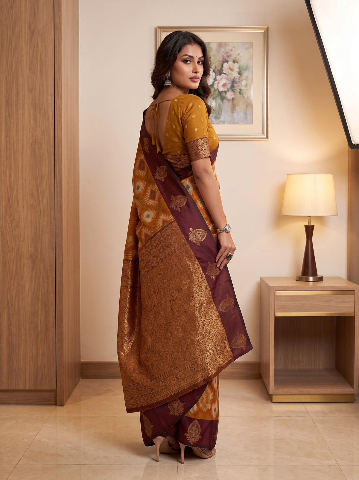 MIMOSA Mustard Pochampally Saree — pose 7 styling detail
