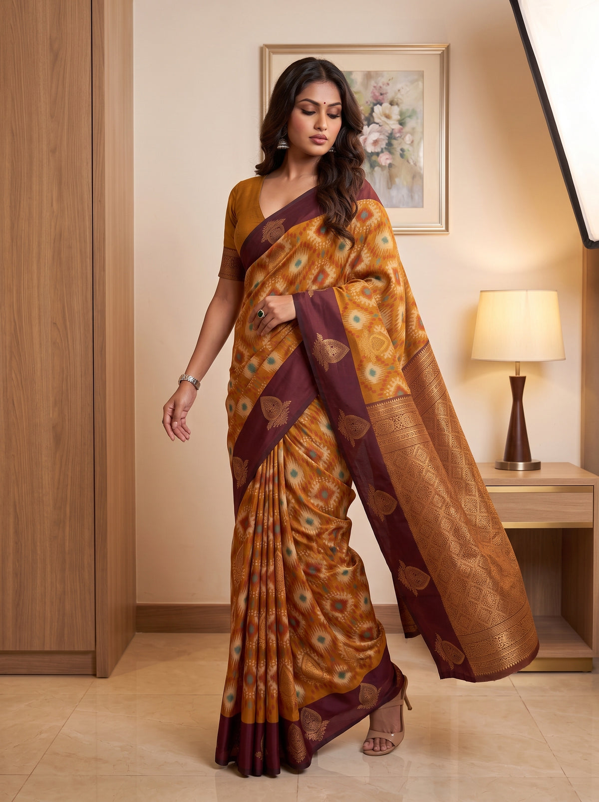 MIMOSA Mustard Pochampally Saree — pose 9 styling detail