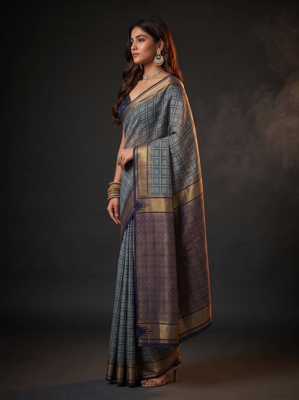 MIMOSA Grey Banarasi Saree — pose 3 styling detail