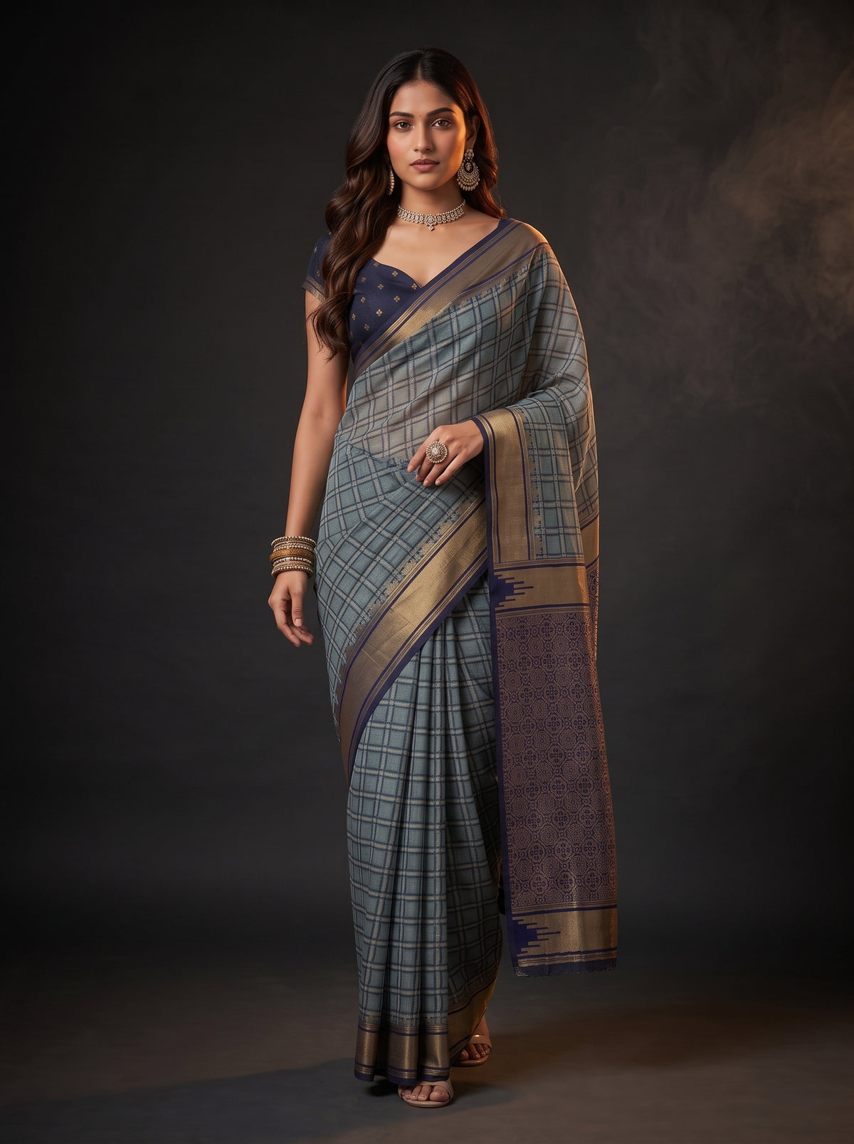 MIMOSA Grey Banarasi Saree — pose 6 styling detail