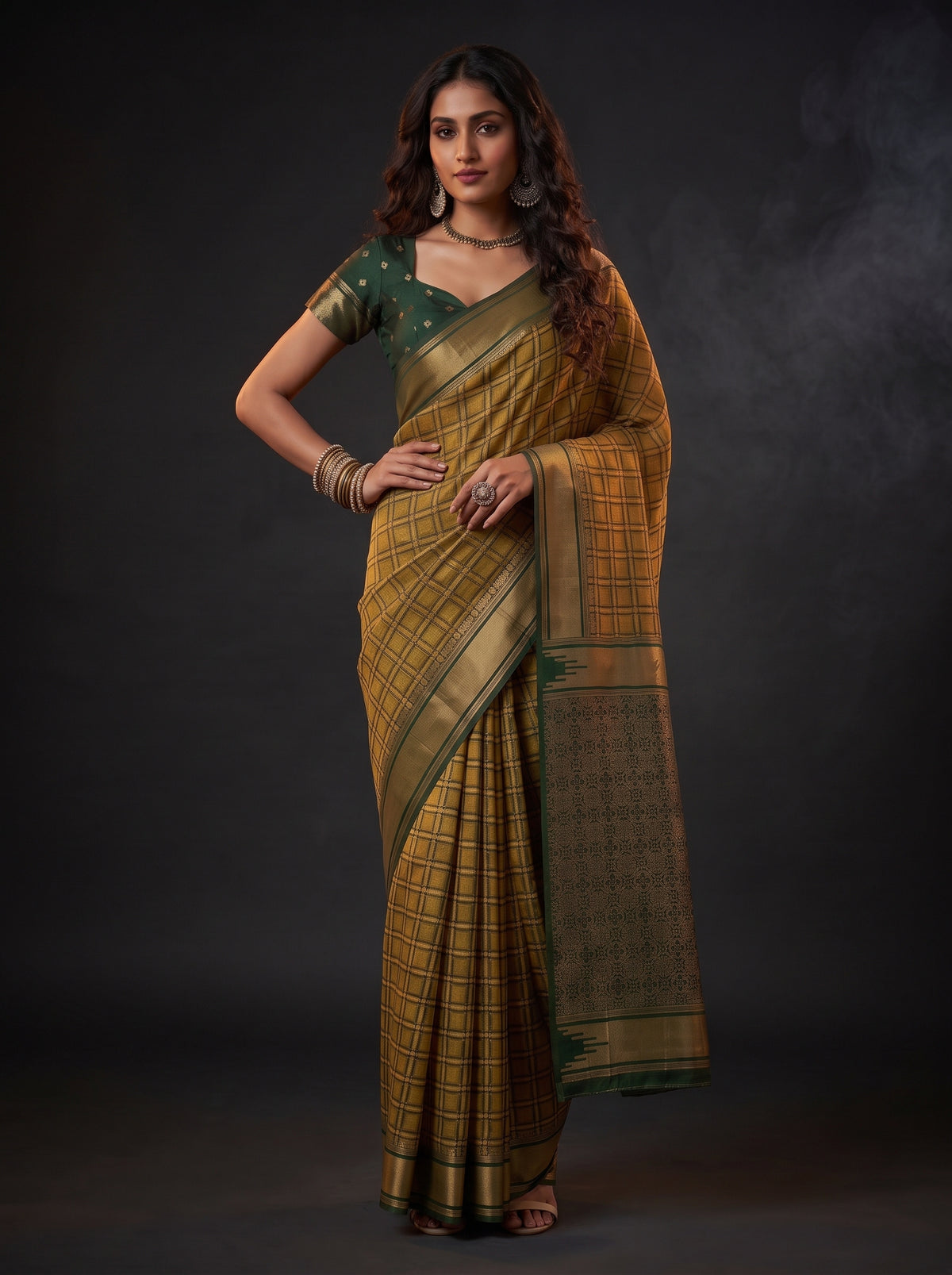 MIMOSA Mustard Banarasi Saree — pose 4 styling detail
