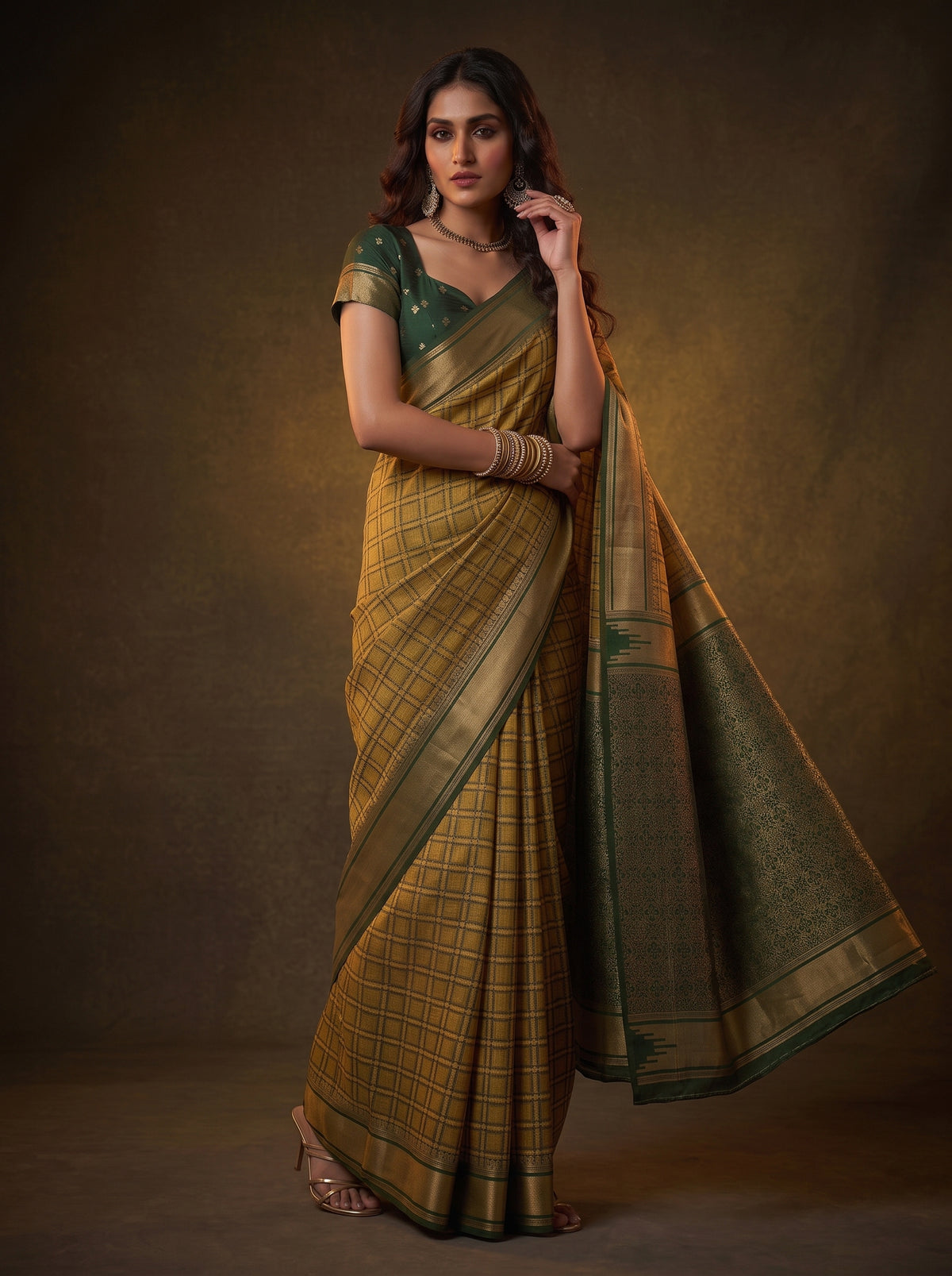 MIMOSA Mustard Banarasi Saree — pose 5 styling detail