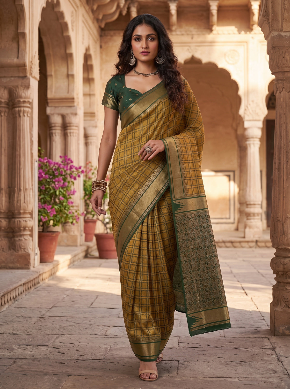 MIMOSA Mustard Banarasi Saree — pose 6 styling detail