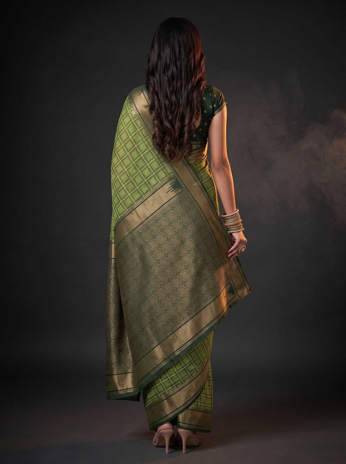 MIMOSA Olive Banarasi Saree — pose 2 styling detail