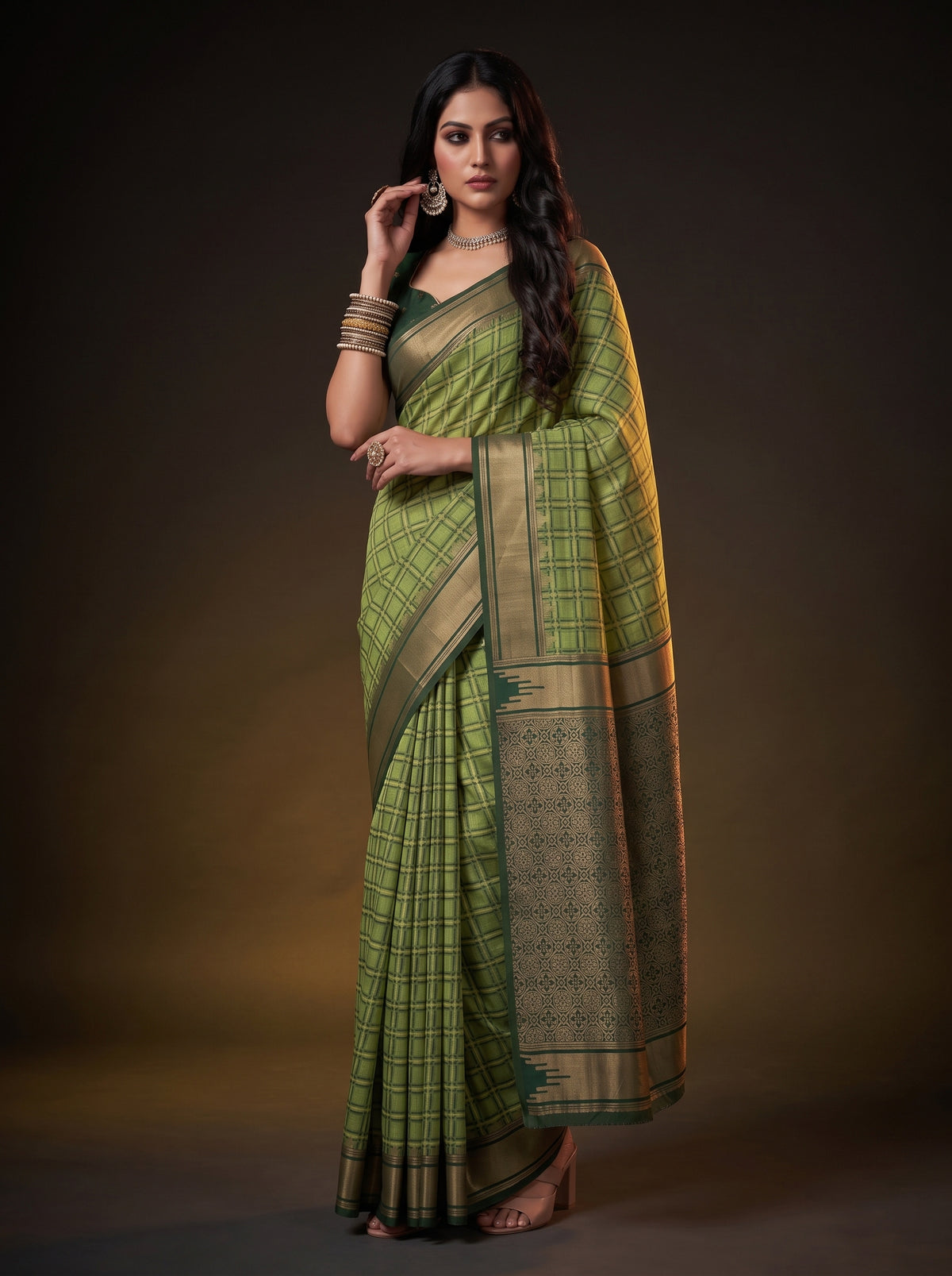 MIMOSA Olive Banarasi Saree — pose 5 styling detail