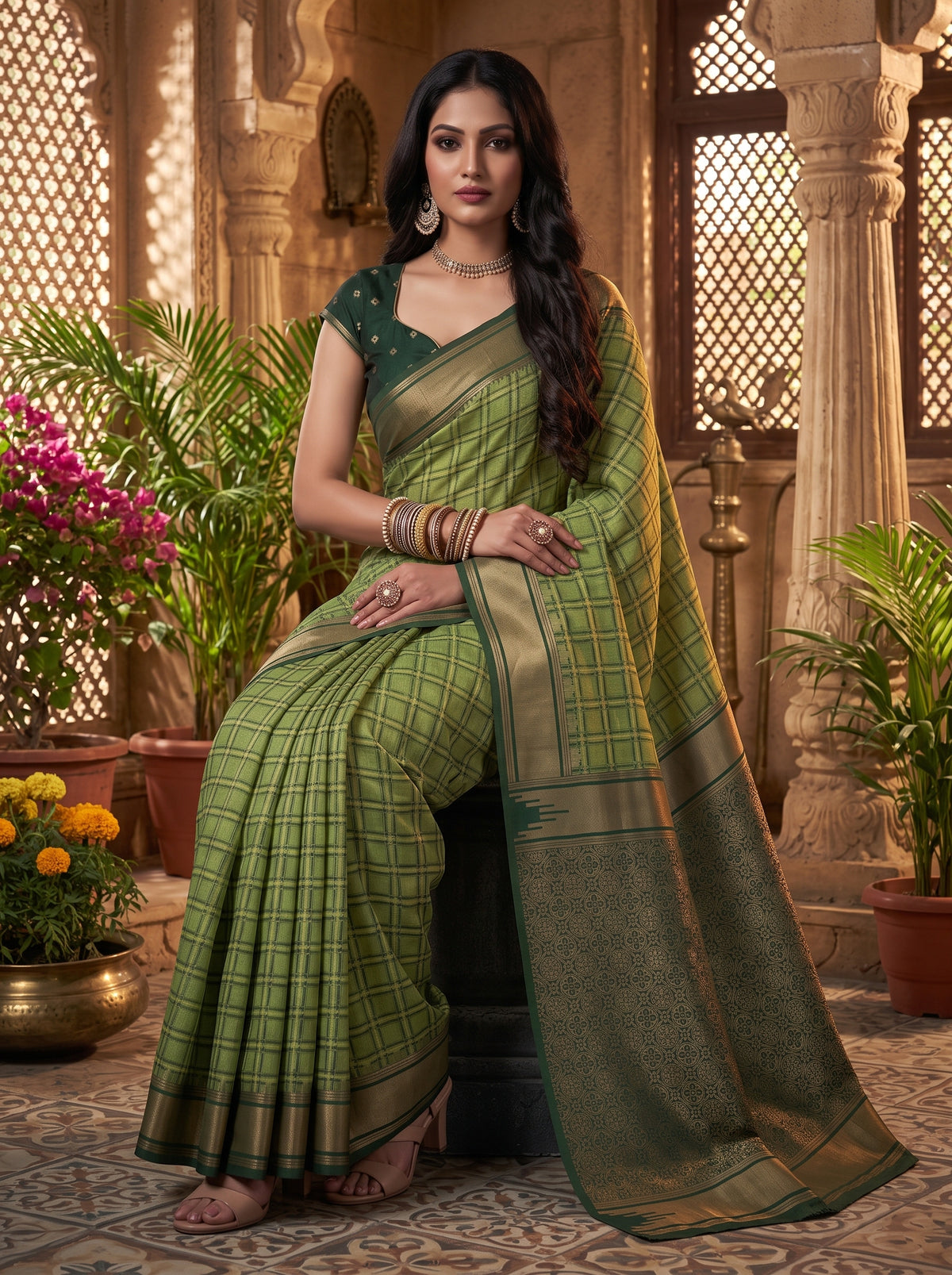 MIMOSA Olive Banarasi Saree — pose 8 styling detail