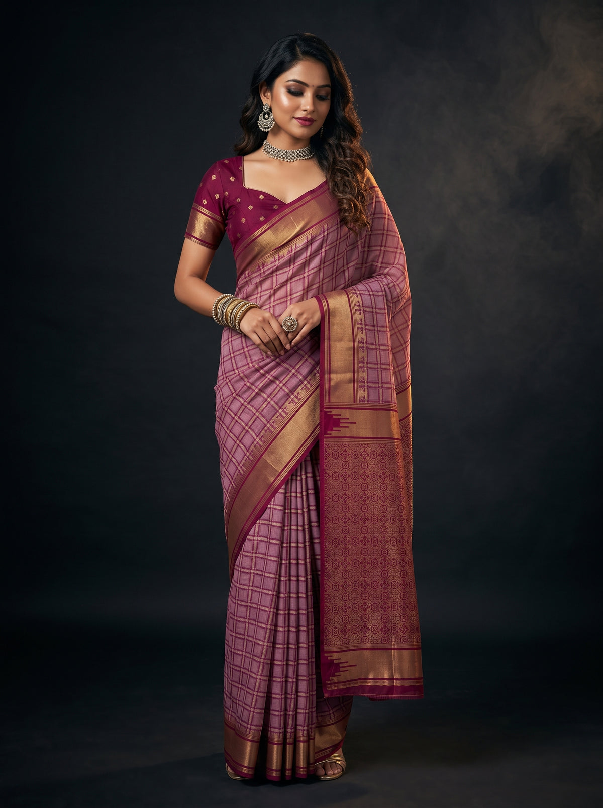 MIMOSA Pink Banarasi Saree — front view on mannequin