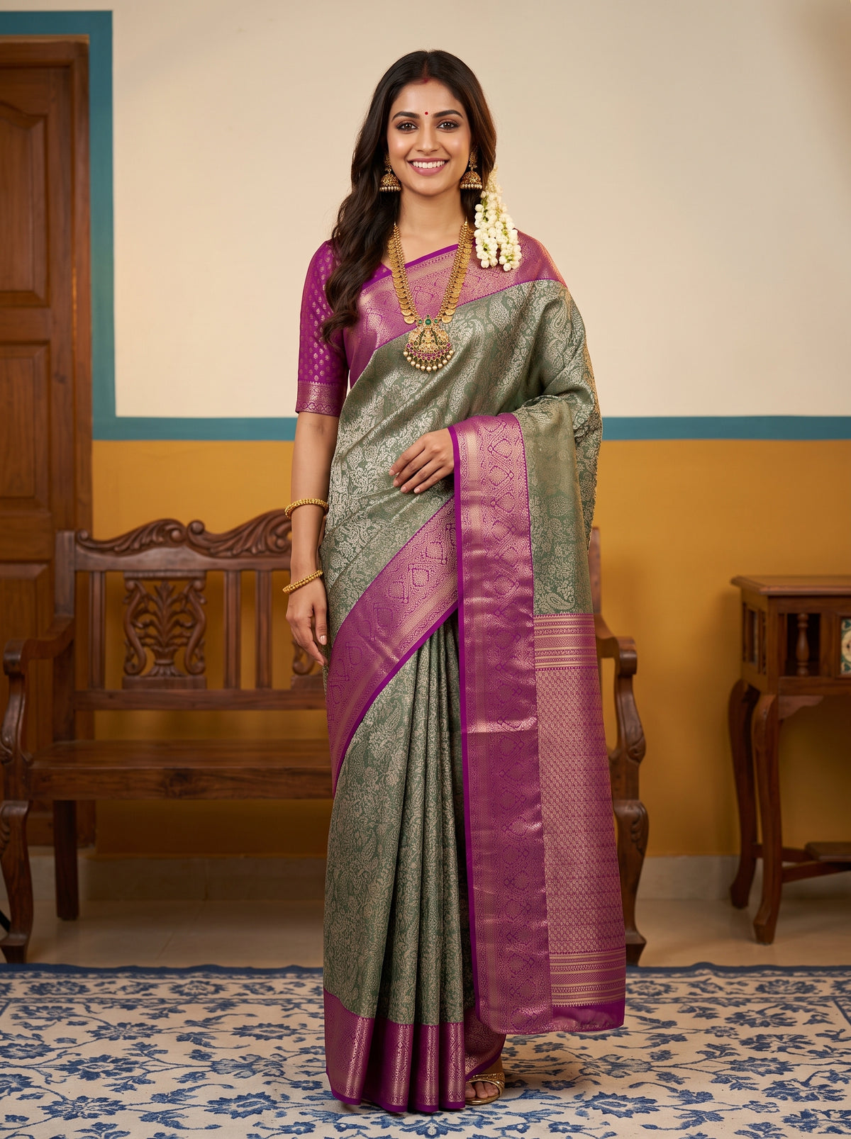 MIMOSA Green Kanjivaram Art Silk Saree — AI Model lifestyle pose