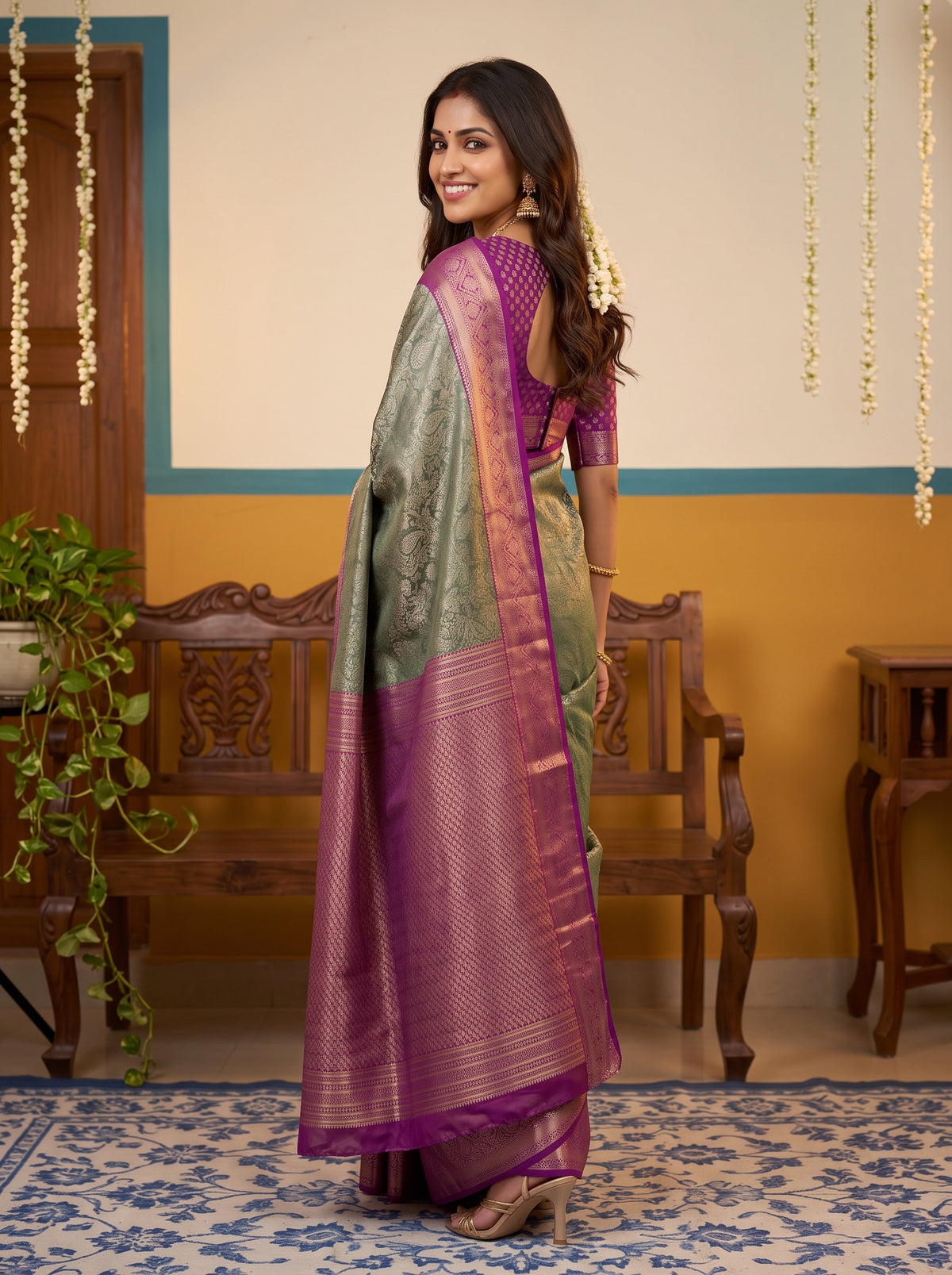 MIMOSA Green Kanjivaram Art Silk Saree — pose 7 styling detail