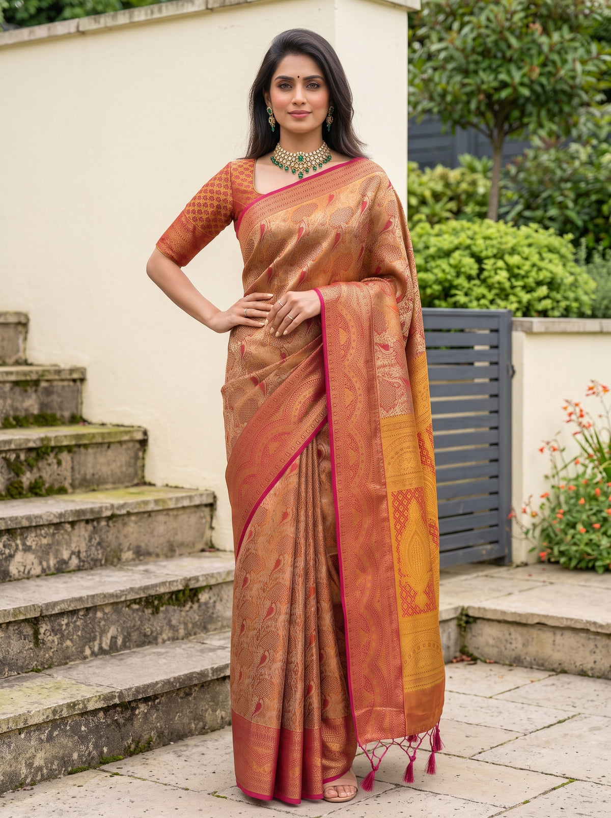 MIMOSA Red Kanjivaram Art Silk Saree — Close-up of saree pleats and border