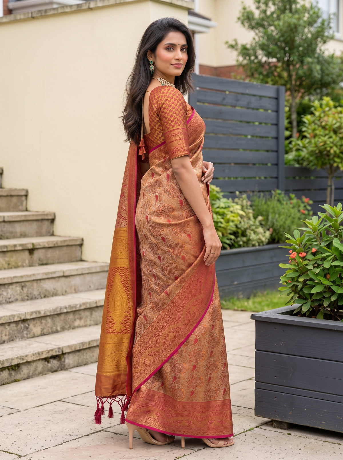 MIMOSA Red Kanjivaram Art Silk Saree — Full view of saree draped on model