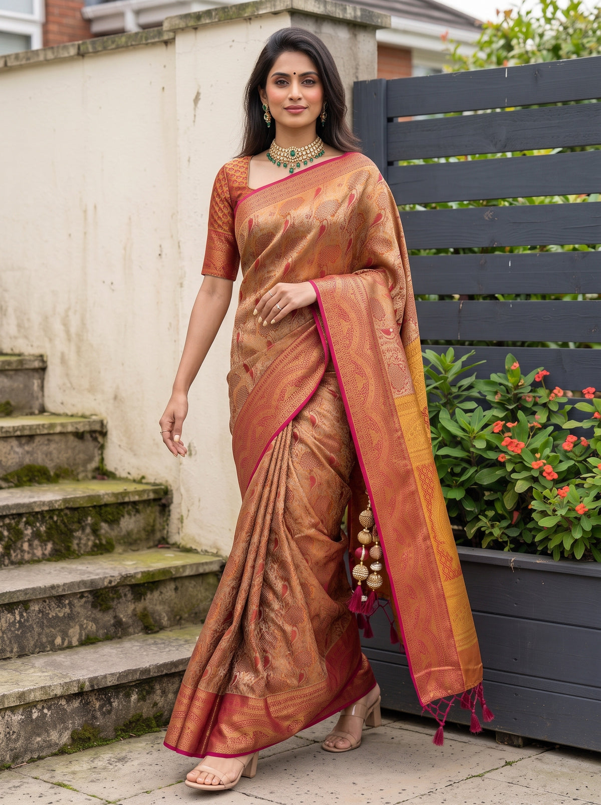 MIMOSA Red Kanjivaram Art Silk Saree — Saree pallu and border detail