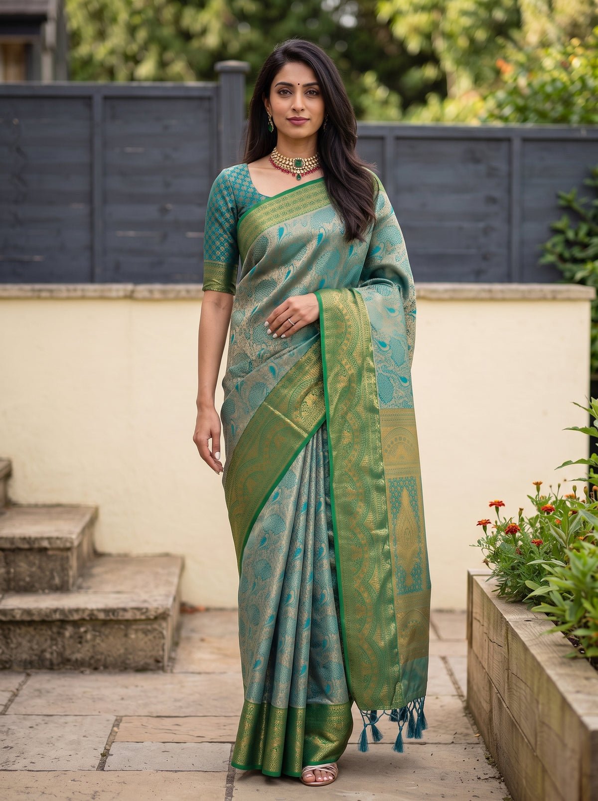 MIMOSA Sapphire Kanjivaram Art Silk Saree — Saree pallu and border detail