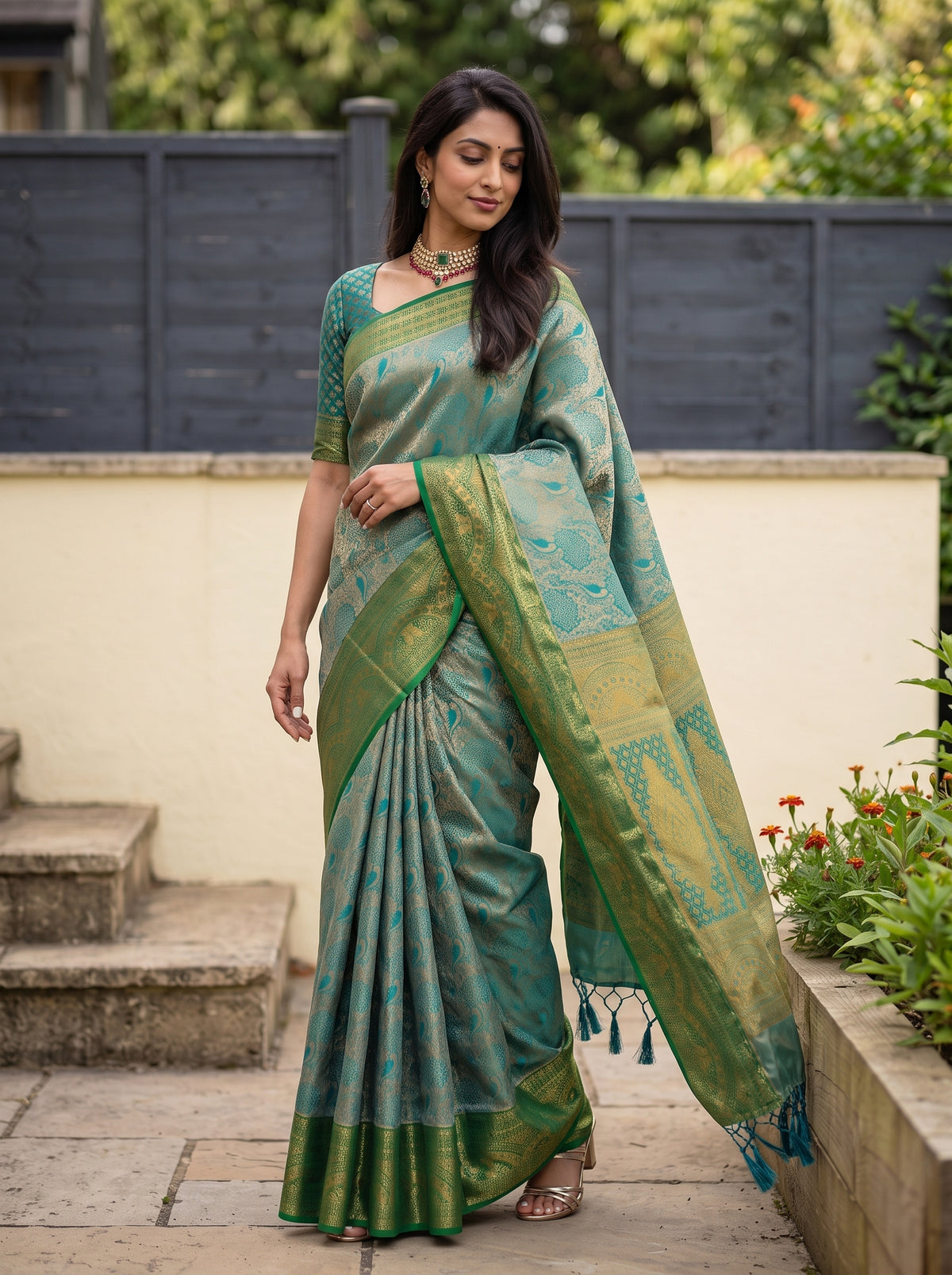 MIMOSA Sapphire Kanjivaram Saree — pose 9 styling detail