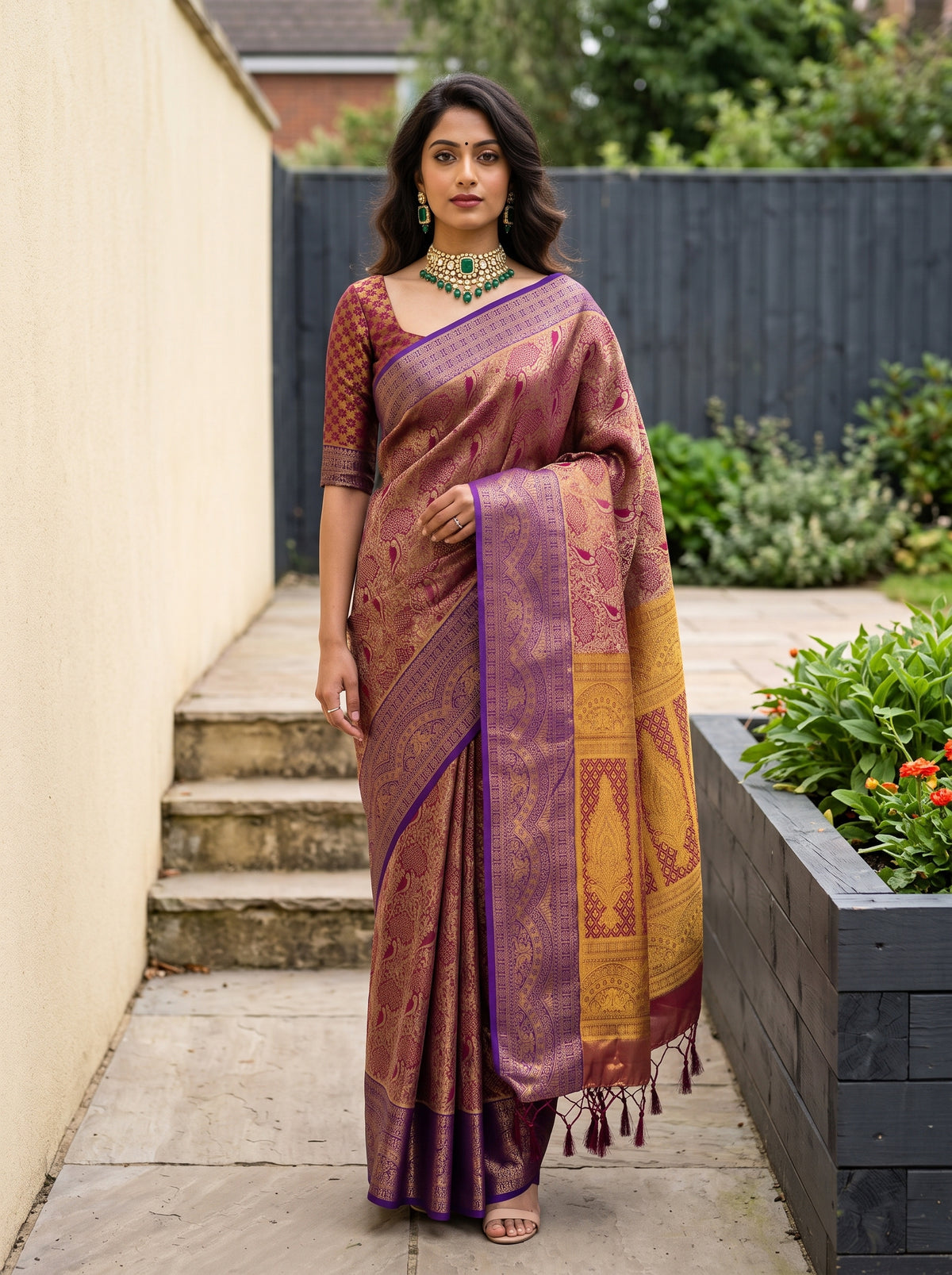 MIMOSA Wine Kanjivaram Art Silk Saree — Model wearing saree
