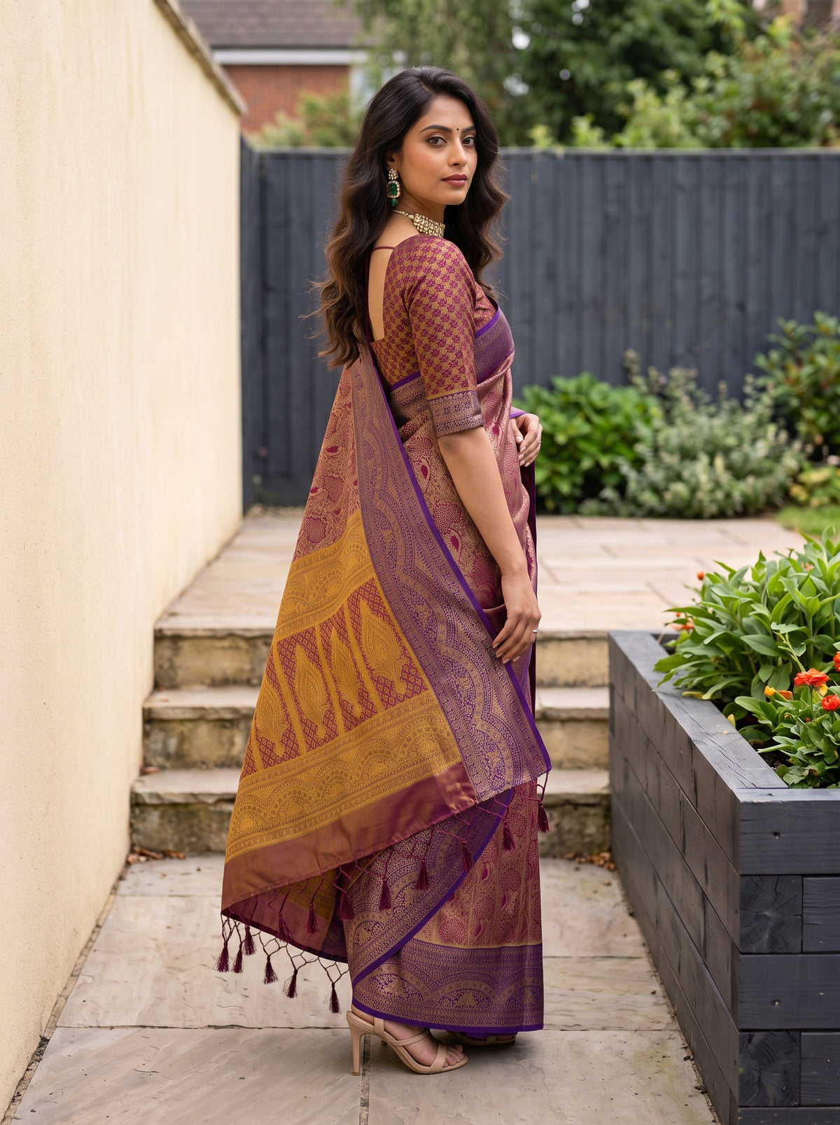 MIMOSA Wine Kanjivaram Art Silk Saree — Close-up of model's arm and saree body