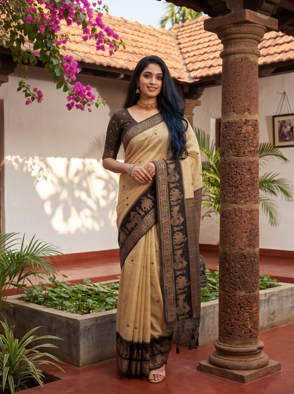 MIMOSA Tussar Banarasi Saree — pose 3 styling detail