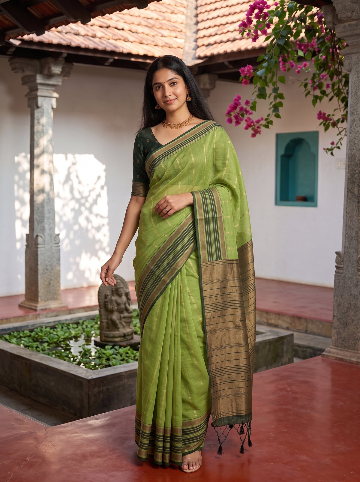 MIMOSA Parrot Green Banarasi Saree — pose 10 styling detail