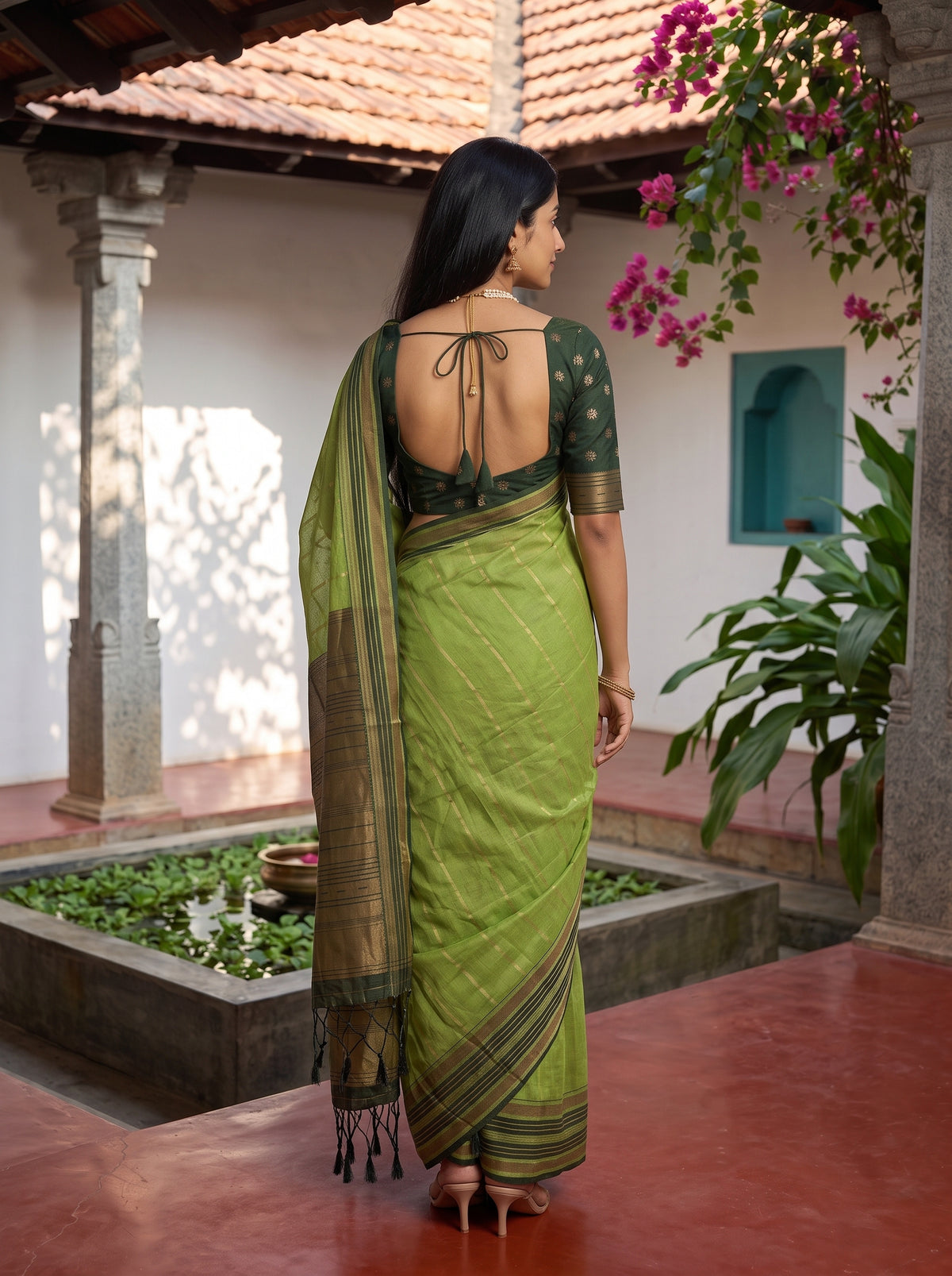 MIMOSA Parrot Green Banarasi Saree — pose 2 styling detail