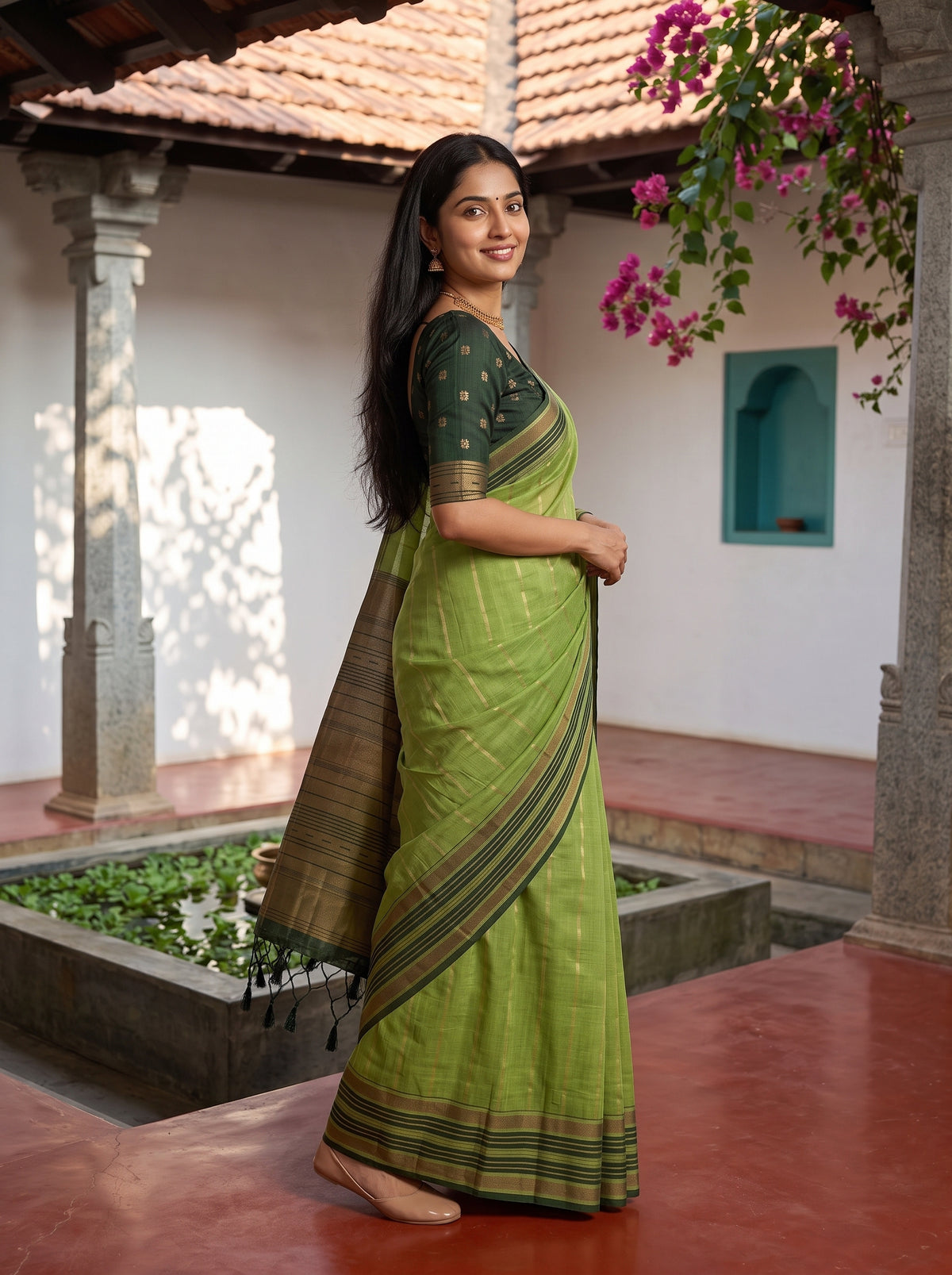MIMOSA Parrot Green Banarasi Saree — pose 5 styling detail