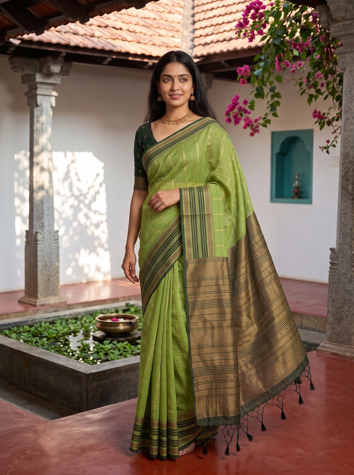 MIMOSA Parrot Green Banarasi Saree — pose 9 styling detail