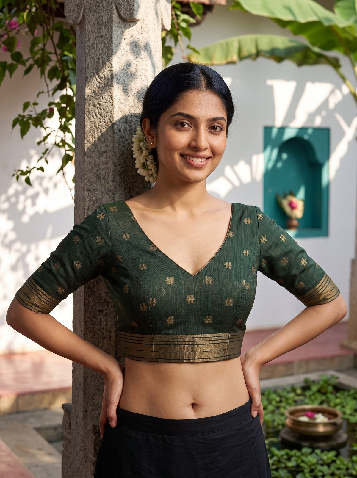 MIMOSA Parrot Green Banarasi Saree — blouse close-up