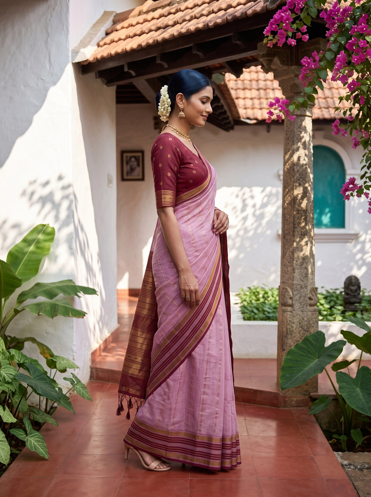 MIMOSA Pink Banarasi Saree — pose 3 styling detail