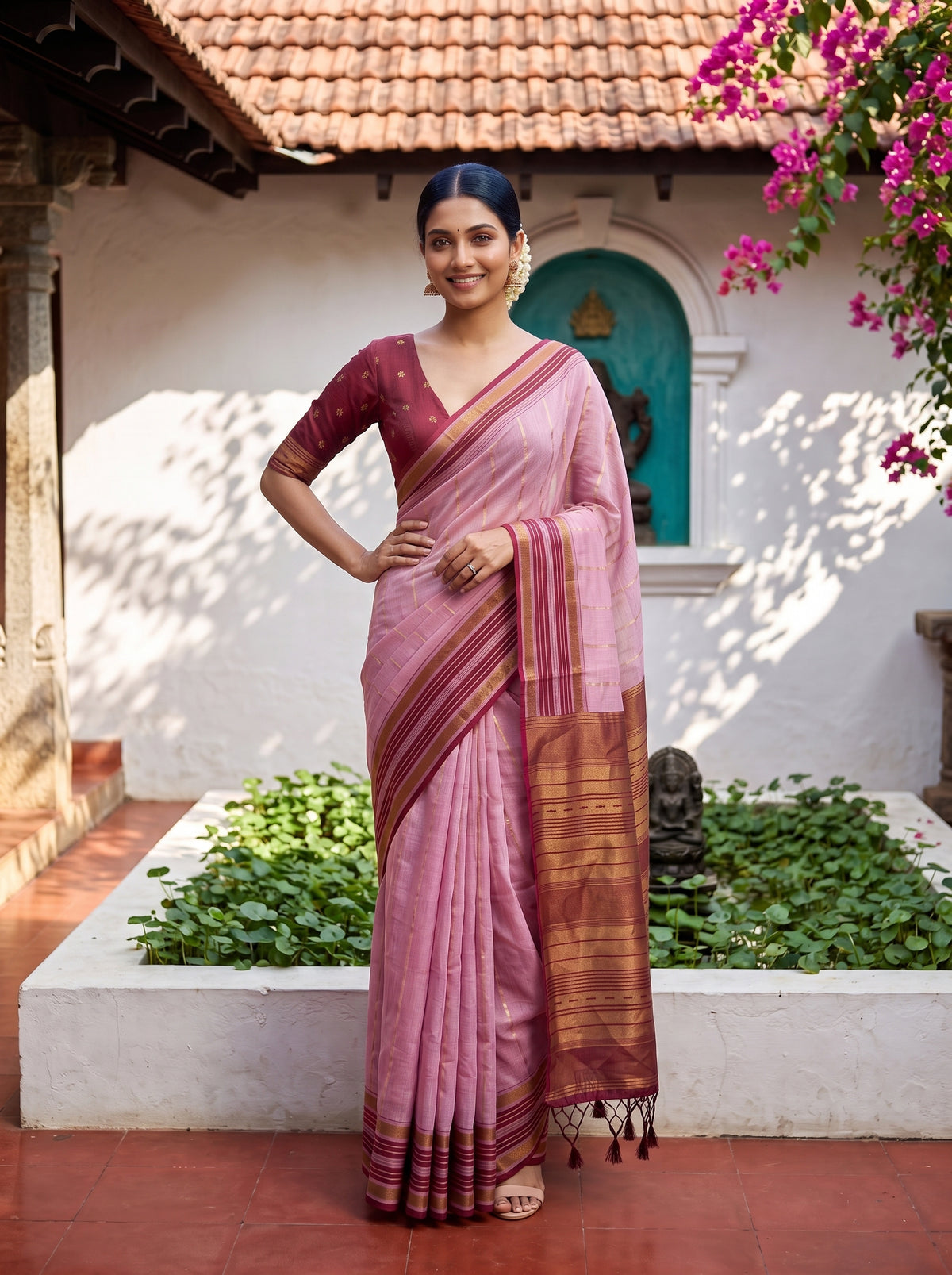 MIMOSA Pink Banarasi Saree — pose 4 styling detail