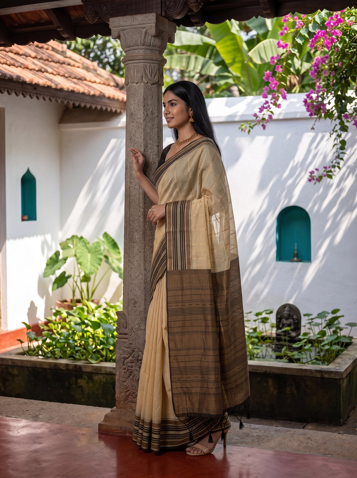 MIMOSA Tussar Banarasi Saree — pose 3 styling detail