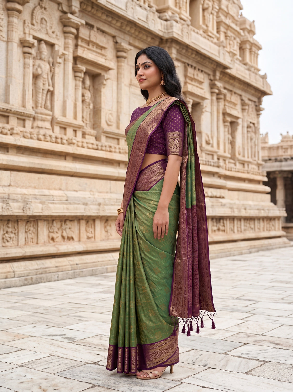 MIMOSA Bottle Green Kanjivaram Art Silk Saree — pose 3 styling detail