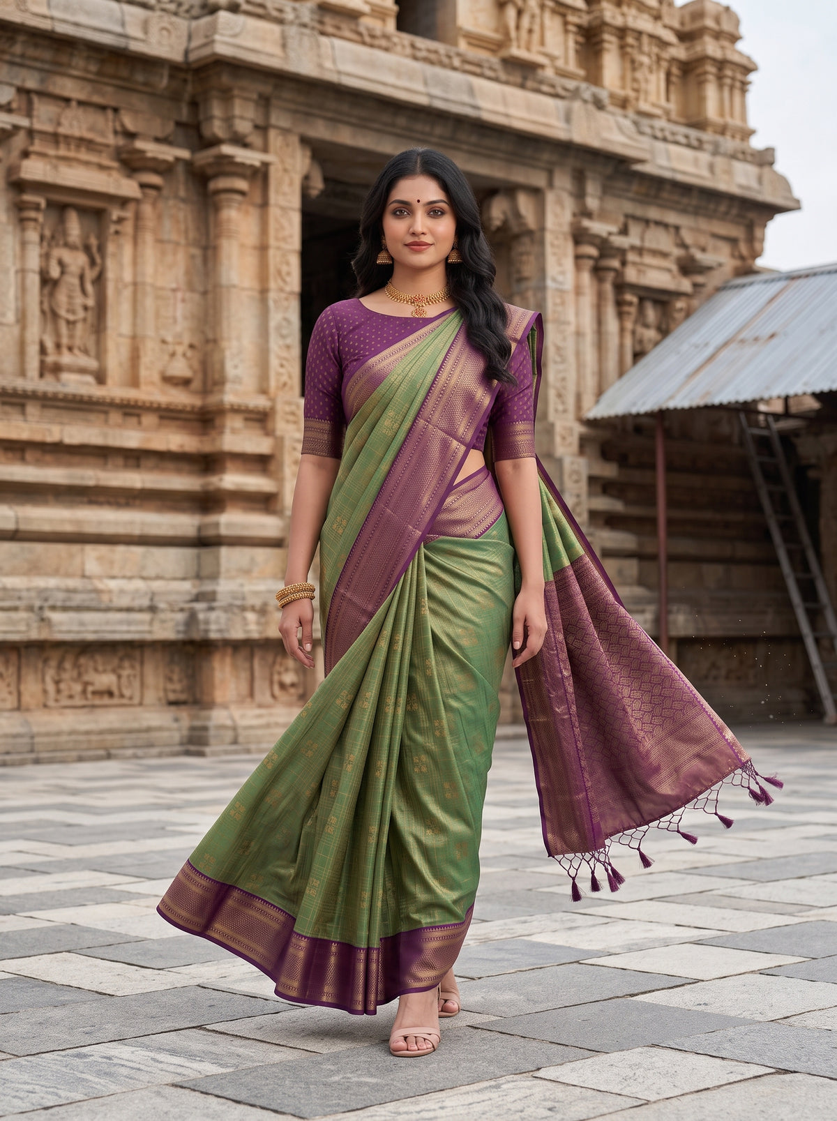 MIMOSA Bottle Green Kanjivaram Art Silk Saree — pose 6 styling detail
