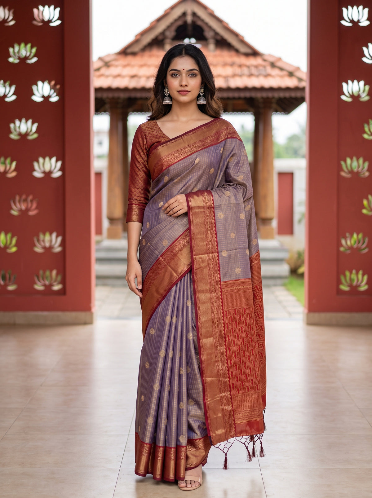 MIMOSA Jamun Kanjivaram Saree — front view on mannequin